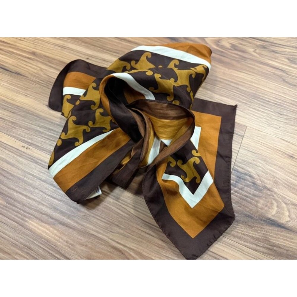 Vintage 70s 90s Y2K Mod Geometric Oblong Silk Feel Scarf Brown Mustard Yellow